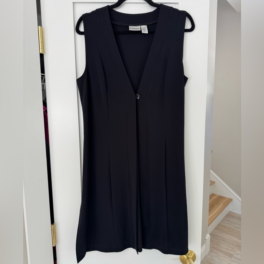 Chico's Lagenlook Long Tunic Vest Oyster Button Wrinkle-Resistant Black